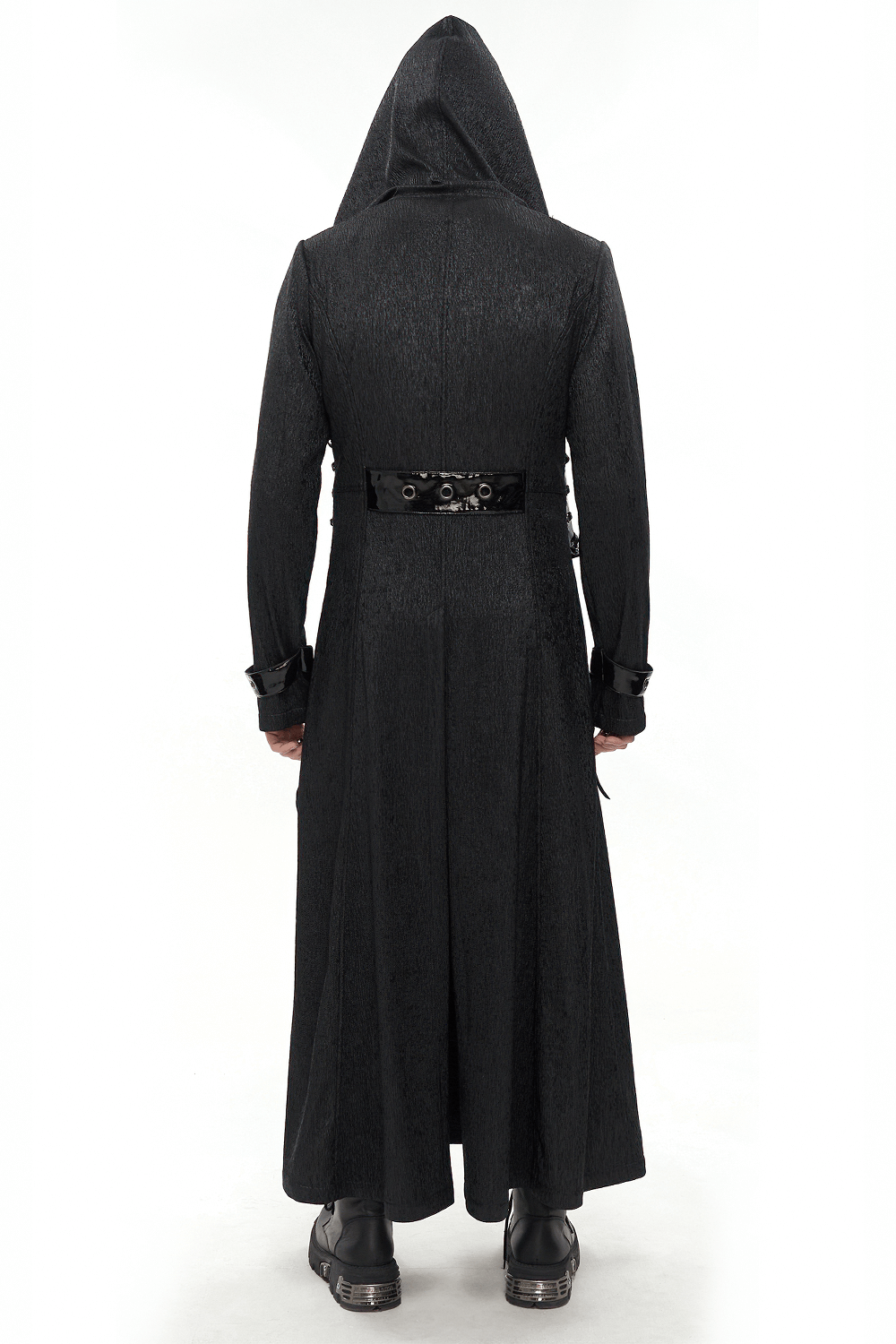 Back view of a men's gothic punk long coat with a hood and lace-up accents on the waist in black.
