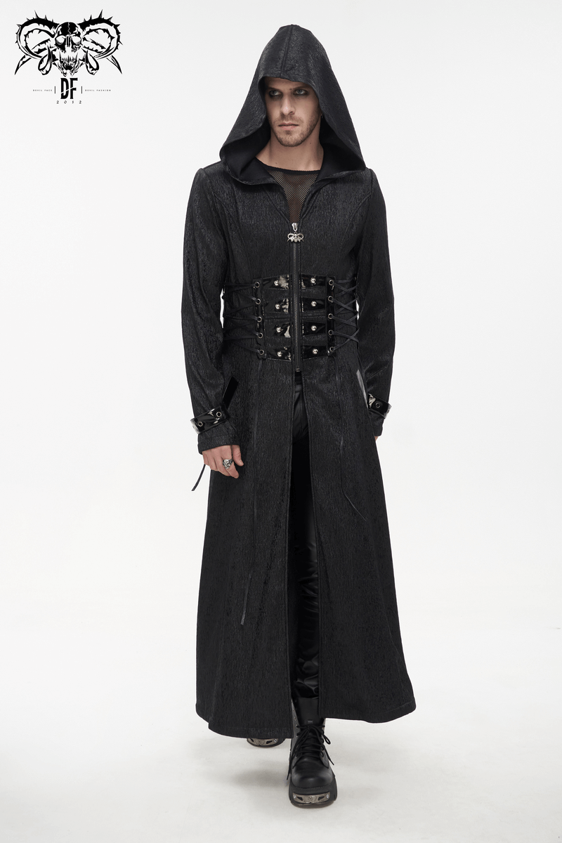 Men's gothic punk hooded long coat with lace-up accents, perfect for a bold, edgy look.
