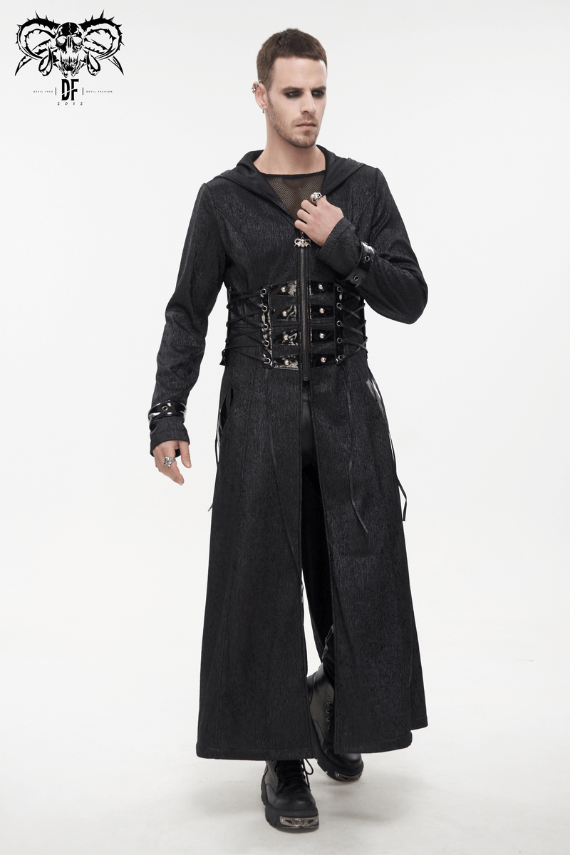 Men's Gothic punk hooded long coat with lace-up accents and zipper details, perfect for edgy streetwear style.