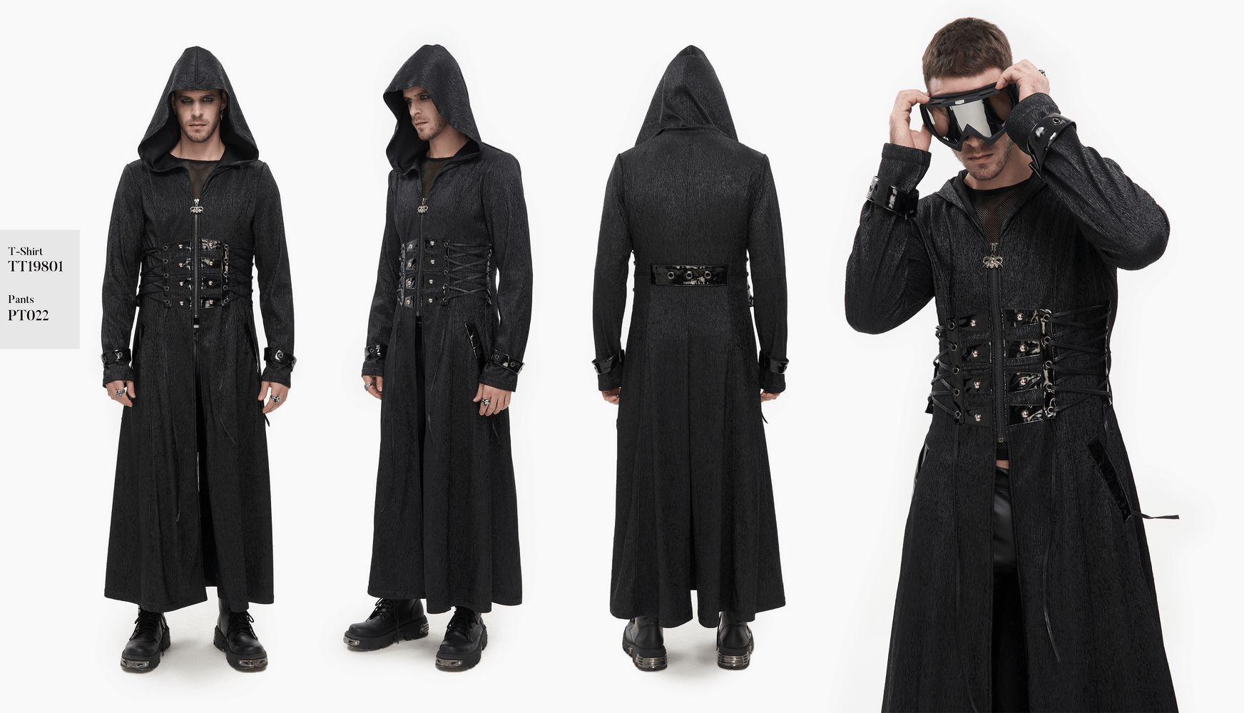Men's Gothic Punk Hooded Long Coat with Lace-up Accents, Black Zipper Coat for Stylish Looks.