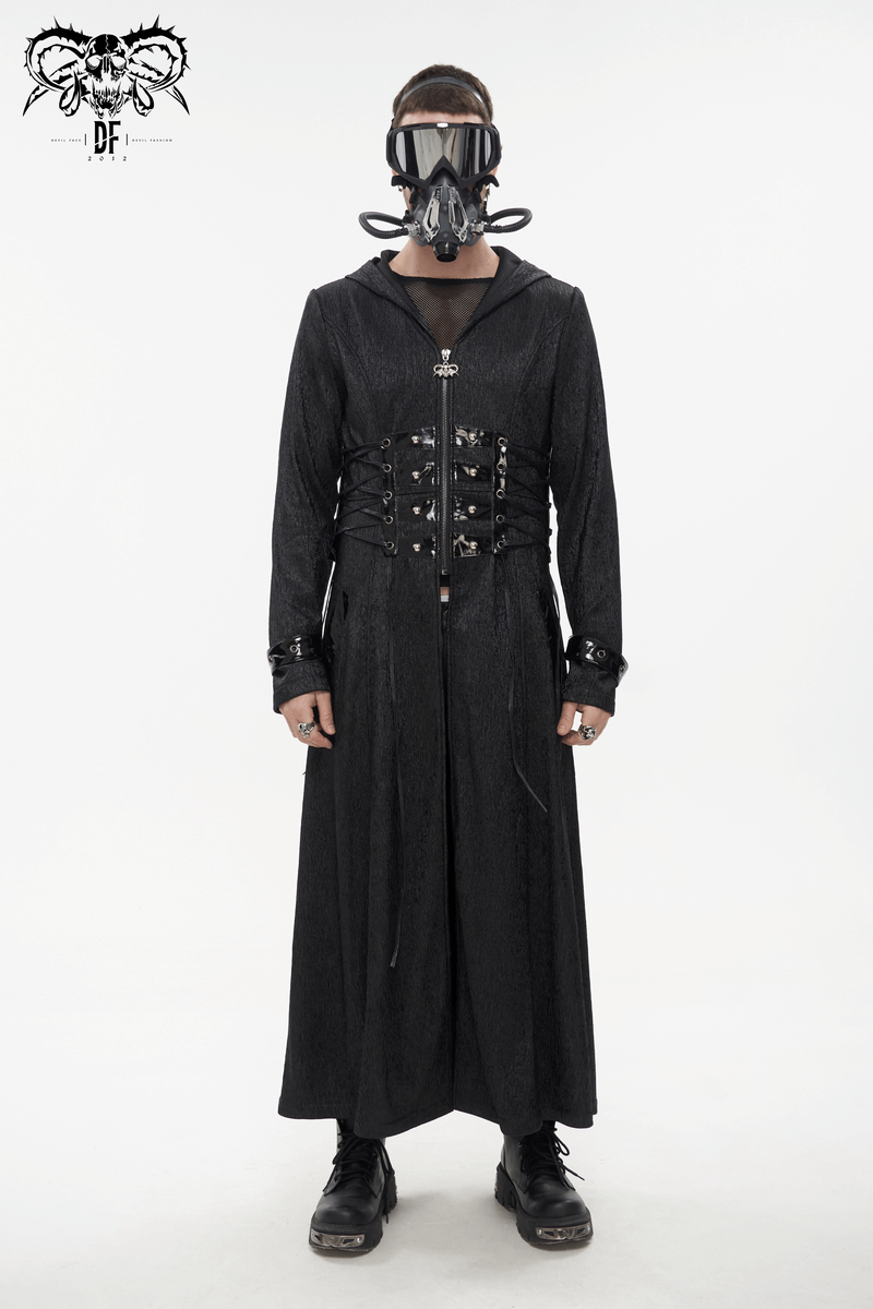 Gothic Punk Rivet Hooded Long Coat For Men / Zipper Black Coats with Lace-up Accents on Waist
