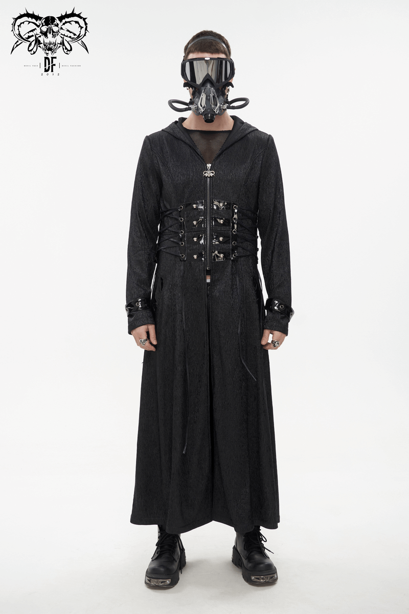 Gothic punk men’s long hooded coat featuring lace-up accents and a mask for a dramatic edgy look.
