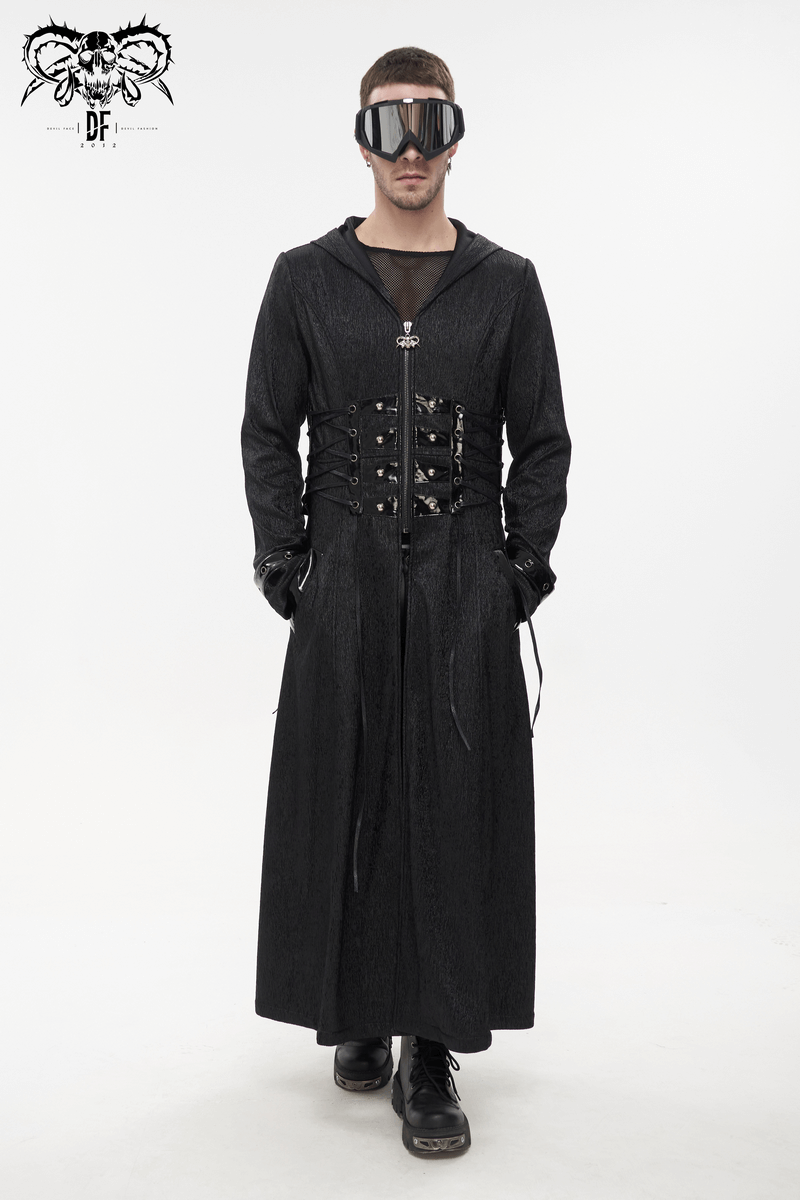 Men's gothic punk long coat with hood and lace-up accents, perfect for a stylish edgy look.