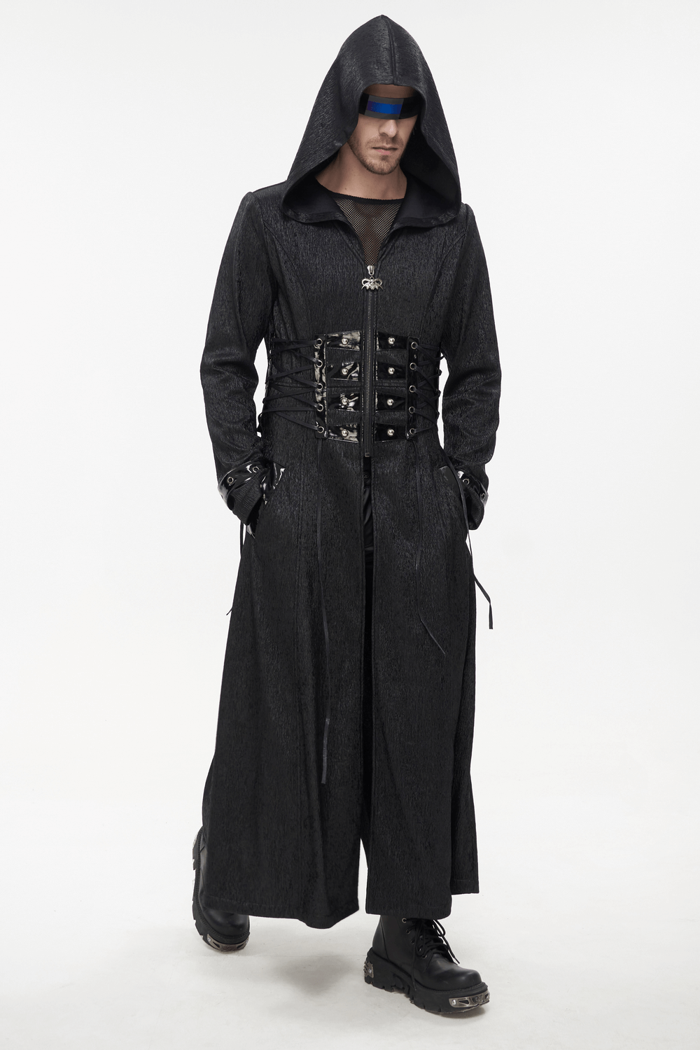 Men's Gothic punk long hooded coat with lace-up accents and dark style, perfect for edgy fashion enthusiasts.