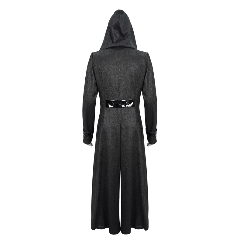 Men's Gothic Punk Rivet Hooded Long Coat showing back view with lace-up accents and stylish hood.
