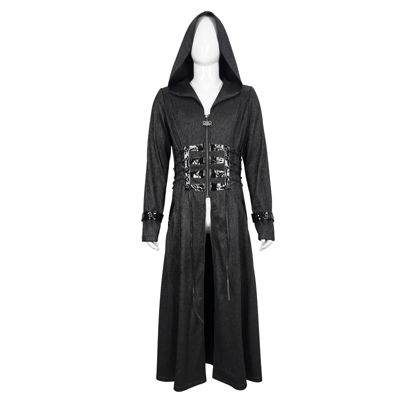 Gothic punk hooded long coat for men with lace-up accents and zipper, perfect for a stylish punk wardrobe.