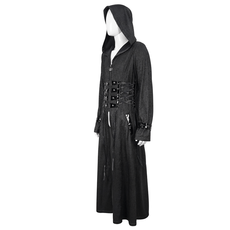 Gothic Punk Rivet Hooded Long Coat For Men / Zipper Black Coats with Lace-up Accents on Waist