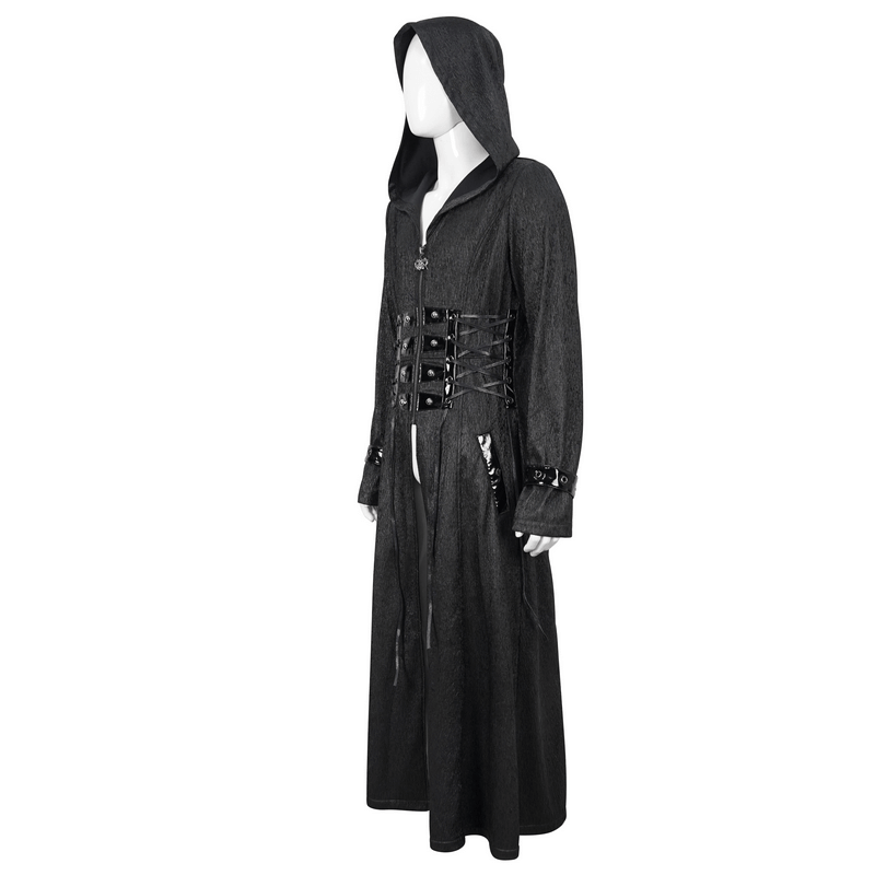 Gothic punk men's long hooded coat with lace-up accents and sleek black design.