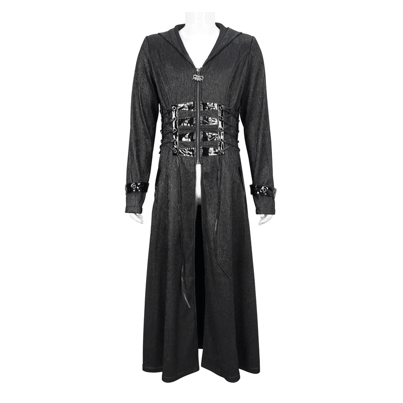 Gothic punk men's long hooded coat with lace-up accents and zipper in black, perfect for edgy styles.