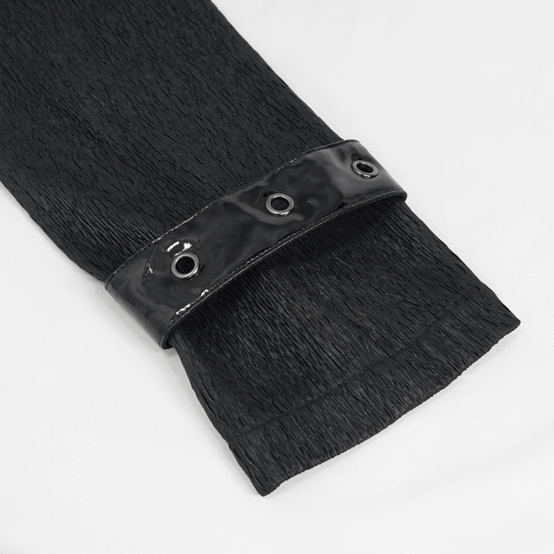 Close-up of the lace-up cuff detail on a gothic punk long coat for men, featuring a glossy black finish.