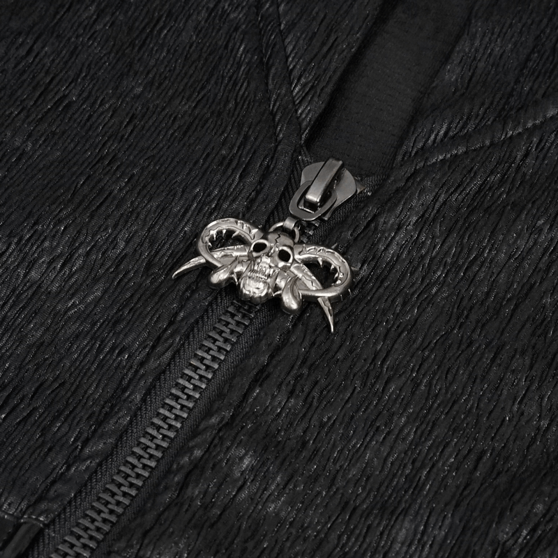 Close-up of a gothic punk coat zipper featuring a skull and ram horns design, adding edgy style.