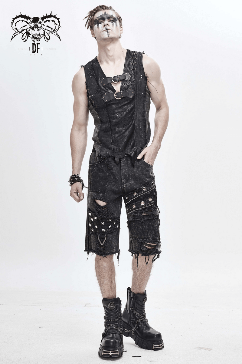 Gothic Punk Rivets Ripped Shorts / Men's Short Pants with Decorative Zippers - HARD'N'HEAVY