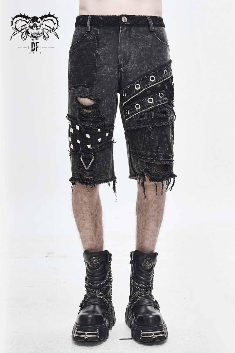 Gothic Punk Rivets Ripped Shorts / Men's Short Pants with Decorative Zippers - HARD'N'HEAVY