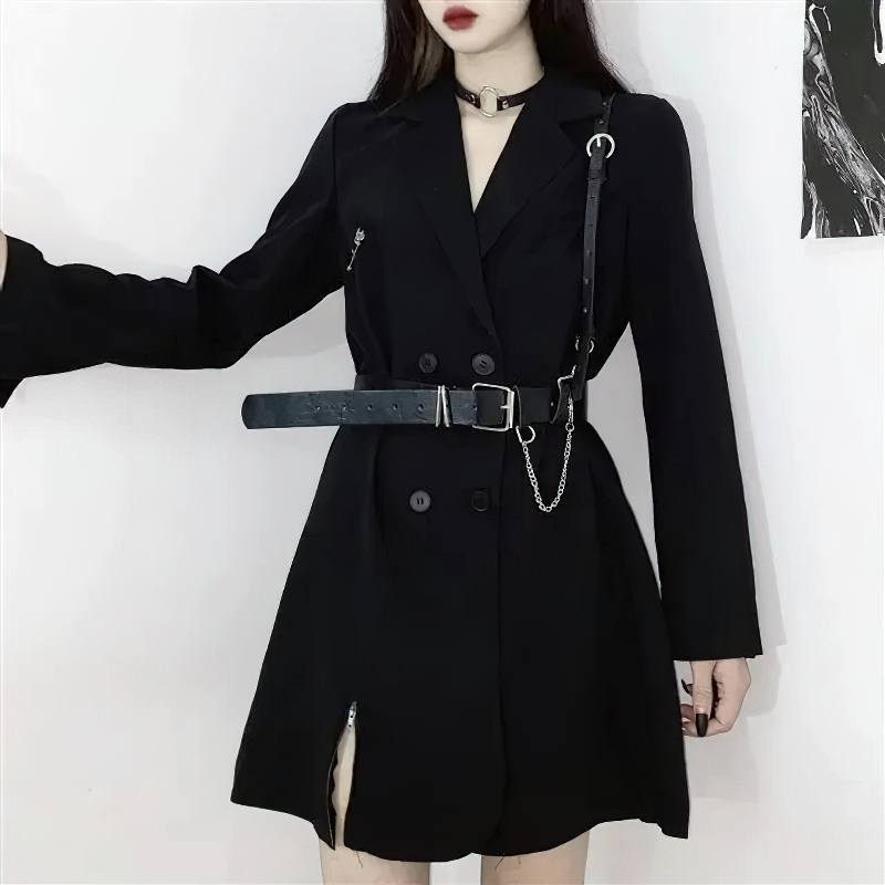 Gothic punk women's short sleeve blazer dress in black with a stylish belt and metal chain accents.