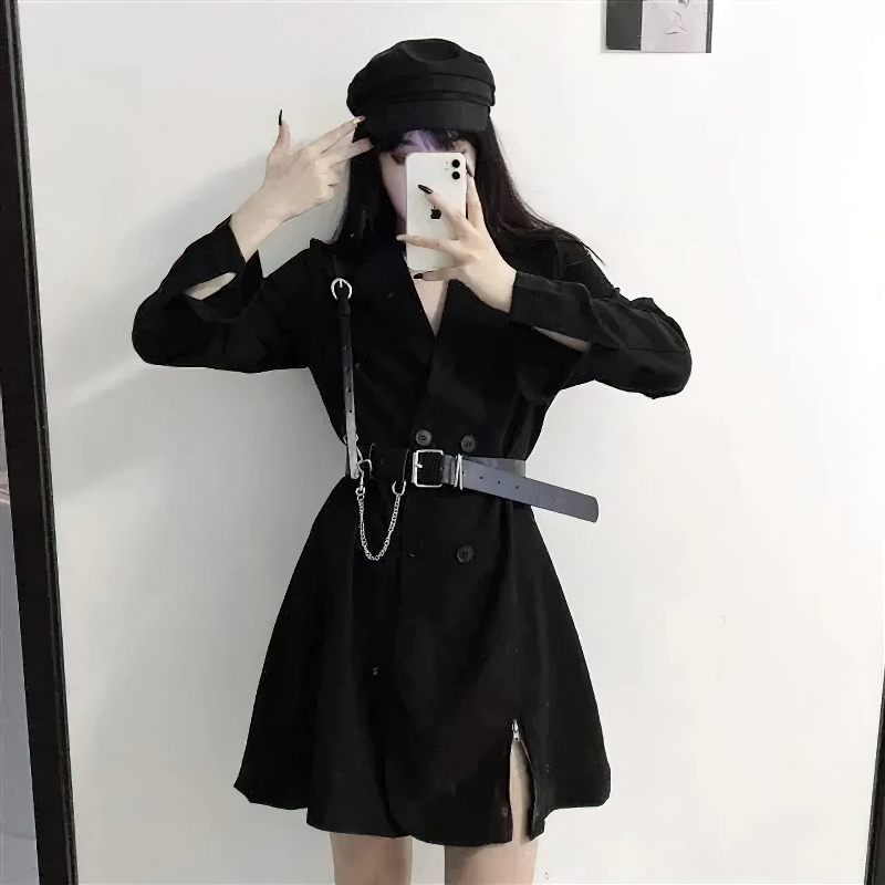 Gothic Punk Short Sleeve Blazer Dress / Fashion Black Mini Dress With Staple - HARD'N'HEAVY