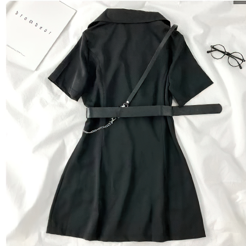 Back view of a Gothic punk short sleeve blazer dress with a belt and chain detail in stylish black.