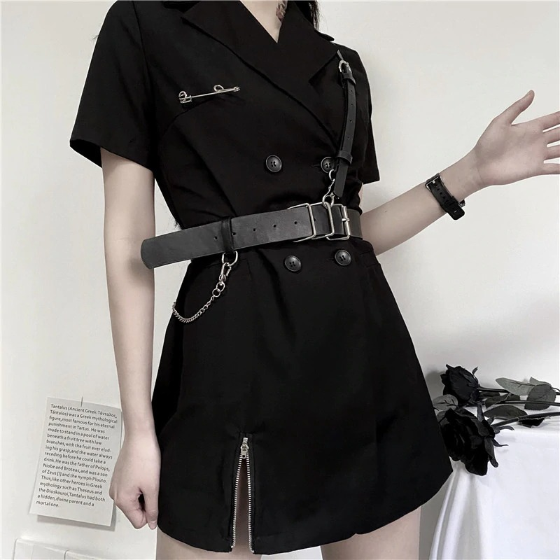 Gothic punk short sleeve blazer dress in black with belt and chain detail, perfect for a stylish outfit.