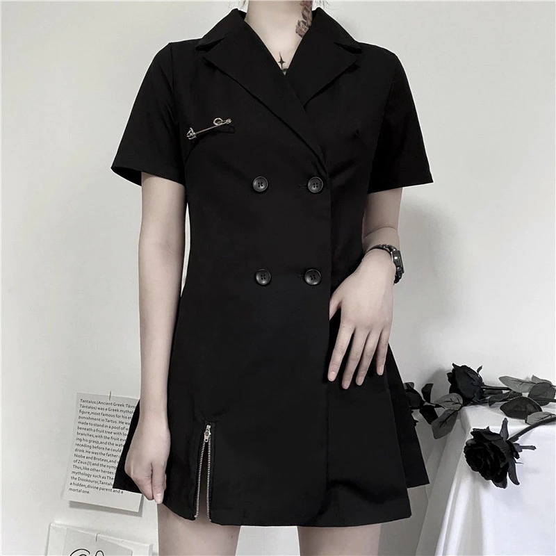 Gothic punk short sleeve black blazer dress with zipper detail and silver chain accessories.
