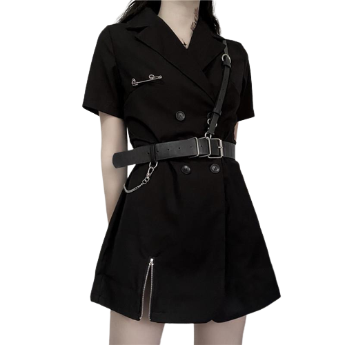 Stylish gothic punk short sleeve blazer dress in black with a belt and chain detail.