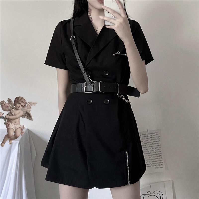 Gothic punk short sleeve blazer dress in black with a belt and silver chain, perfect for trendy fashion lovers.