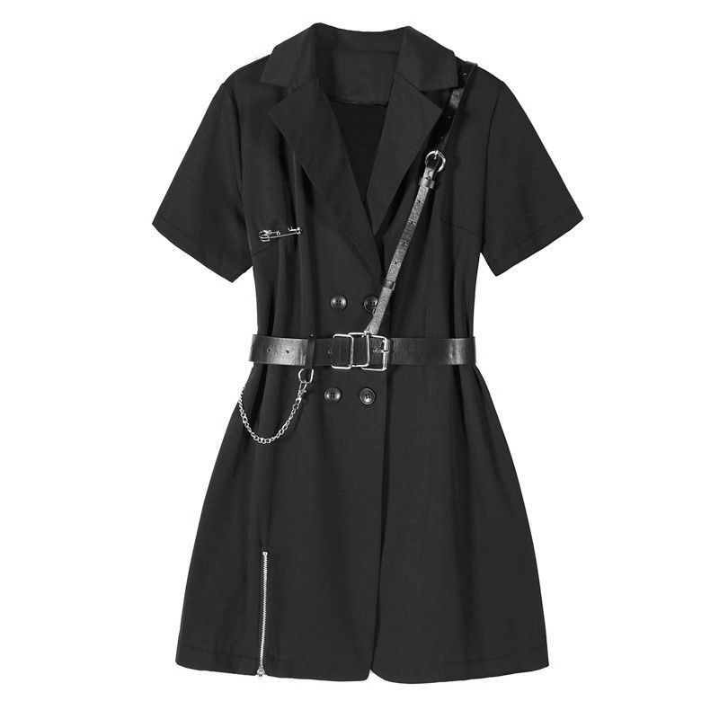 Gothic punk short sleeve black blazer dress with belt and silver chain detail for a stylish look.