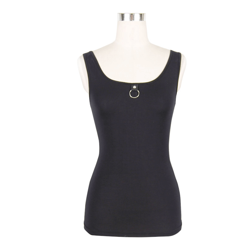 Gothic punk sleeveless black top with a stylish ring detail at the neckline, perfect for edgy fashion lovers.
