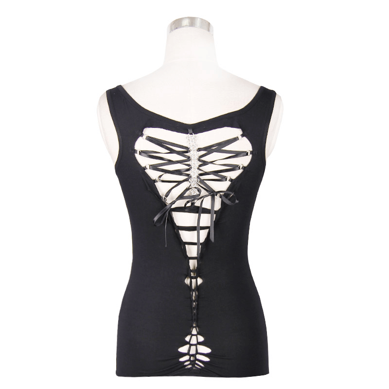 Gothic punk sleeveless black top showcasing lace-up heart design at the back, perfect for a stylish edgy look.