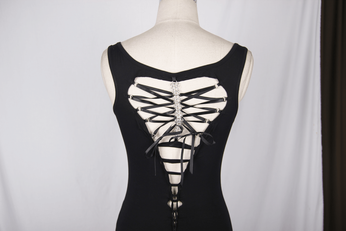 Back view of a gothic punk sleeveless top featuring stylish lacing in a heart shape.