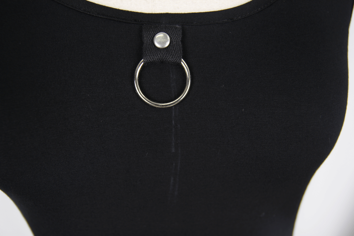 Close-up of black gothic sleeveless top featuring a decorative ring detail on the front collar.