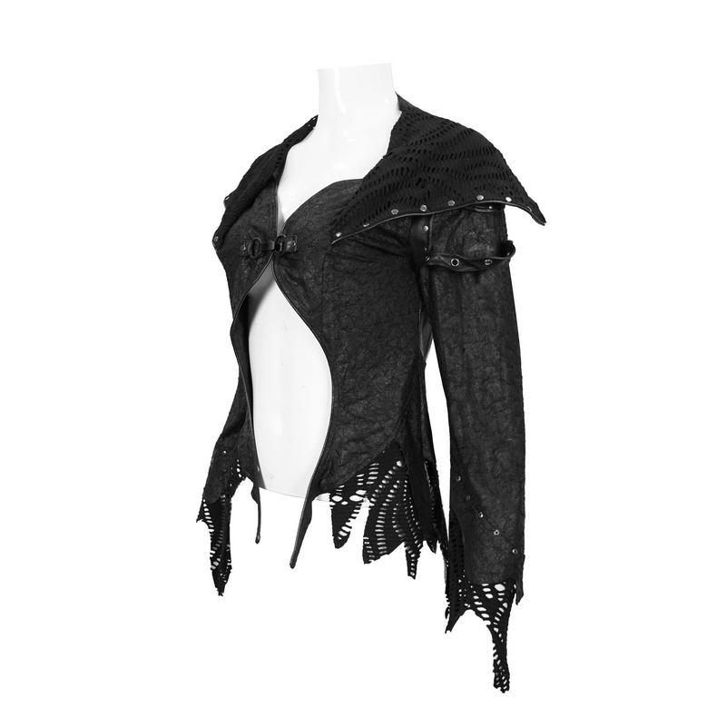 Gothic Punk Stand Collar Asymmetric Hem Coat / Women's Black Coat with Decorative Straps - HARD'N'HEAVY