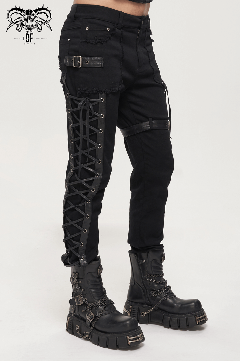 Gothic Punk Straight Trousers With Buckle Belt / Men's Pants with Lacing on Leg and Pocket - HARD'N'HEAVY