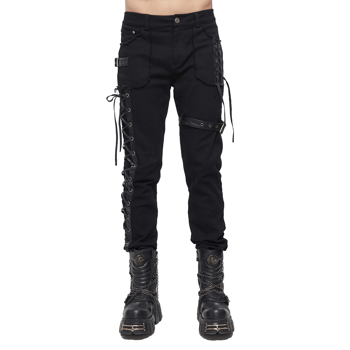 Gothic Punk Straight Trousers With Buckle Belt / Men's Pants with Lacing on Leg and Pocket - HARD'N'HEAVY