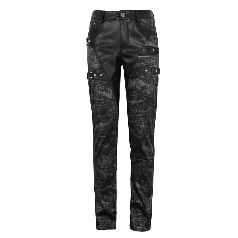 Gothic punk style long black trousers with detachable pocket, fitted design, and stylish details for men.