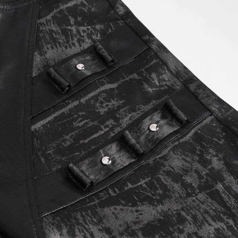 Close-up of gothic punk style fabric with detachable pocket and decorative buttons on men's black trousers.
