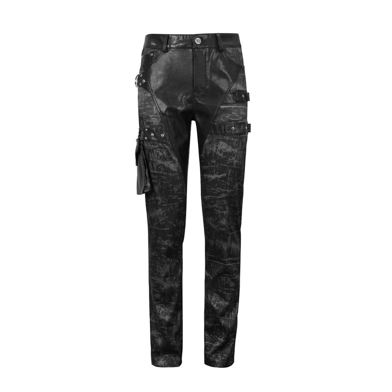 Gothic punk style black trousers with detachable pocket, fitted design for men, edgy fashion statement.