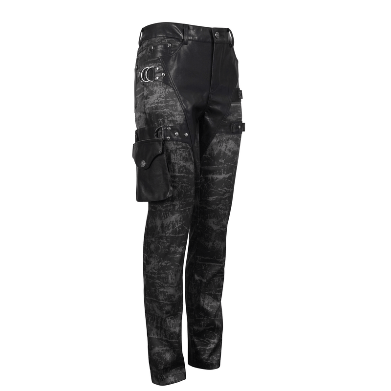 Gothic punk style black trousers with detachable pocket, fitted cut for a stylish look.