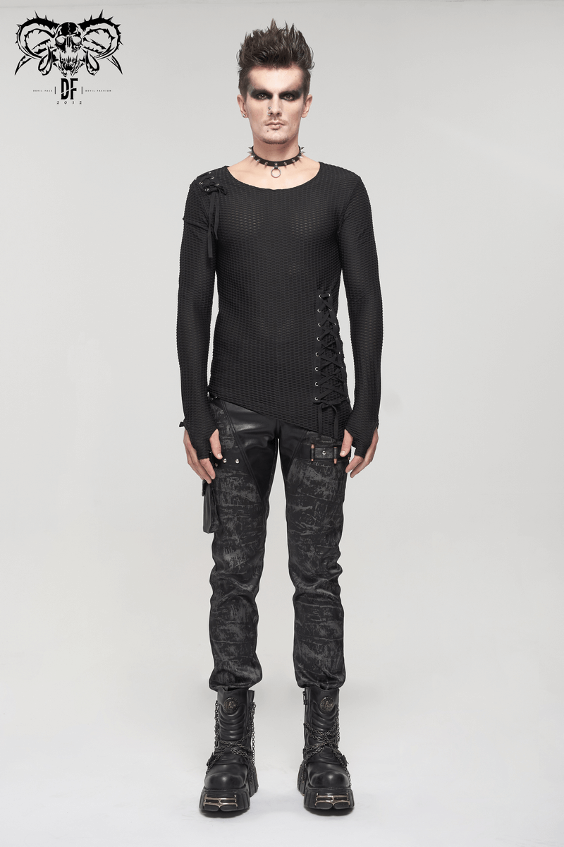 Men's Gothic punk outfit featuring long black trousers with unique design and stylish top, perfect for a bold fashion statement.