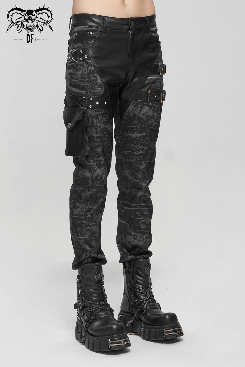 Men's gothic punk style black trousers with detachable pocket, showcasing fitted cut and stylish design.