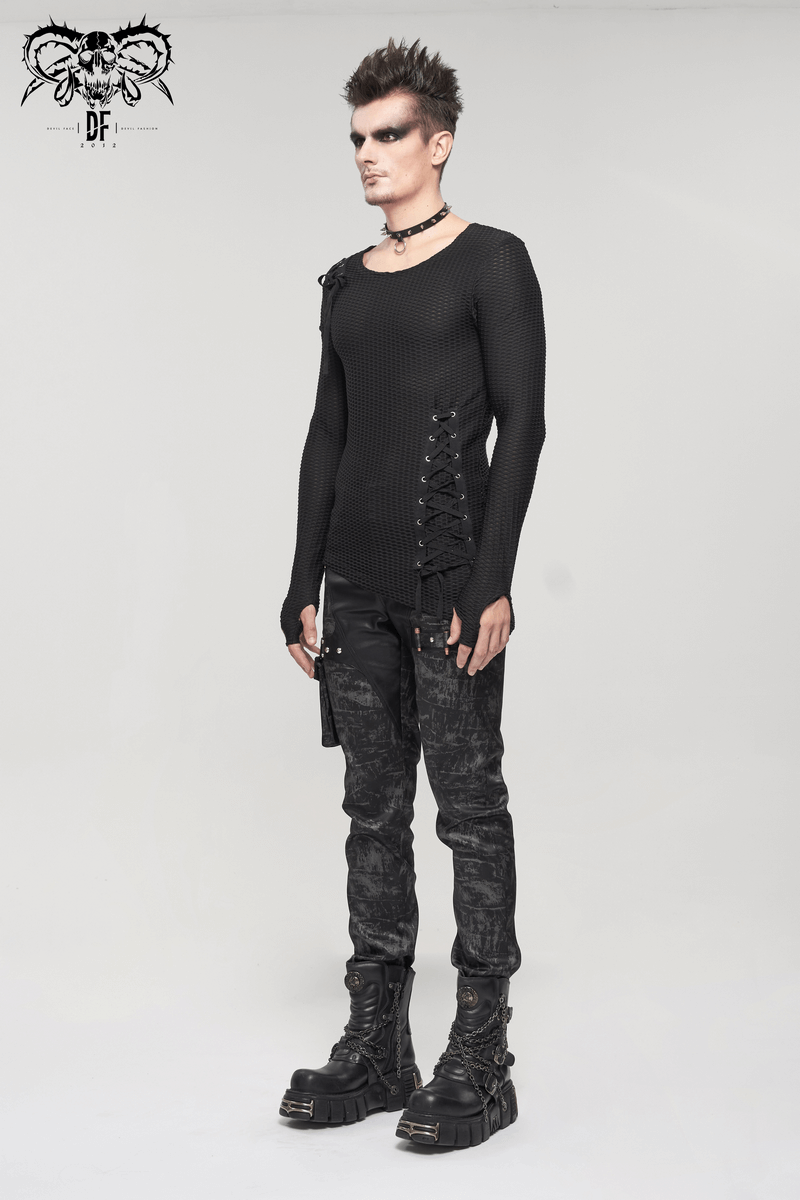 Men's gothic punk style outfit featuring a fitted black long-sleeve top and trendy black trousers with unique details.