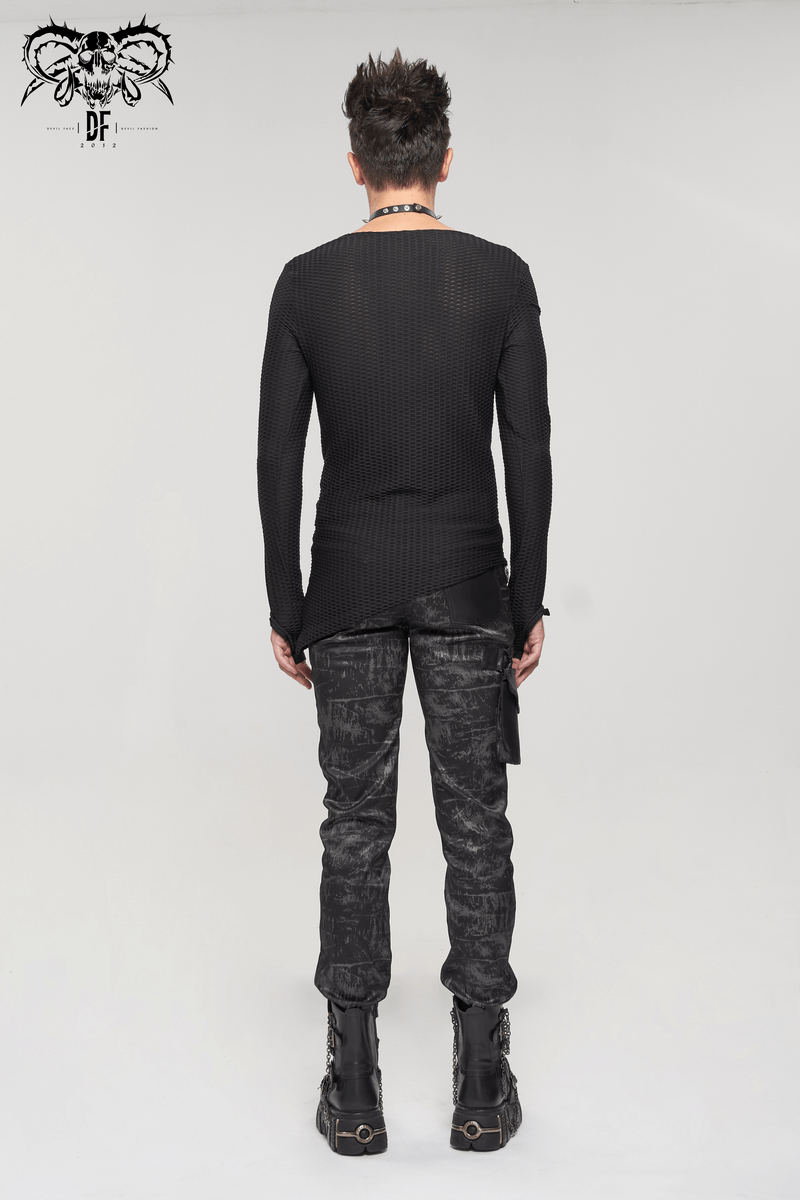 Back view of a model wearing Gothic punk style black long trousers with detachable pocket.