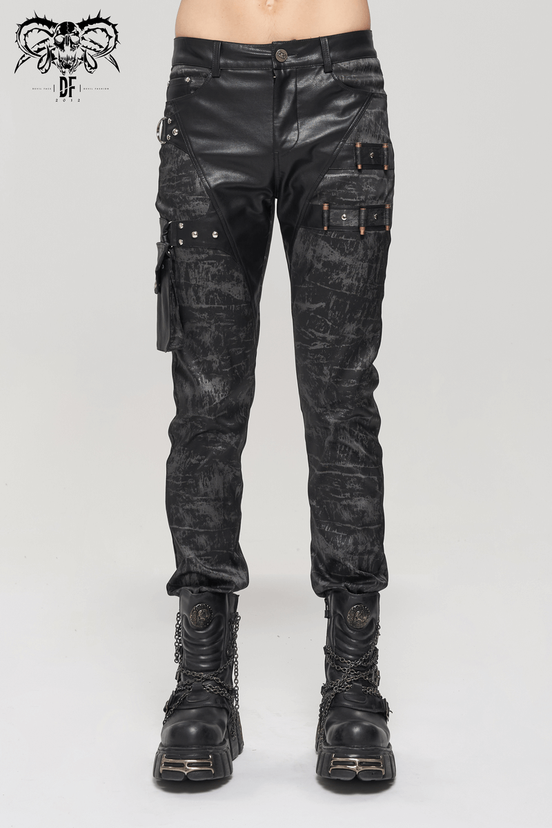 Men's Gothic punk style black trousers with detachable pockets and stylish design, perfect for a bold look.