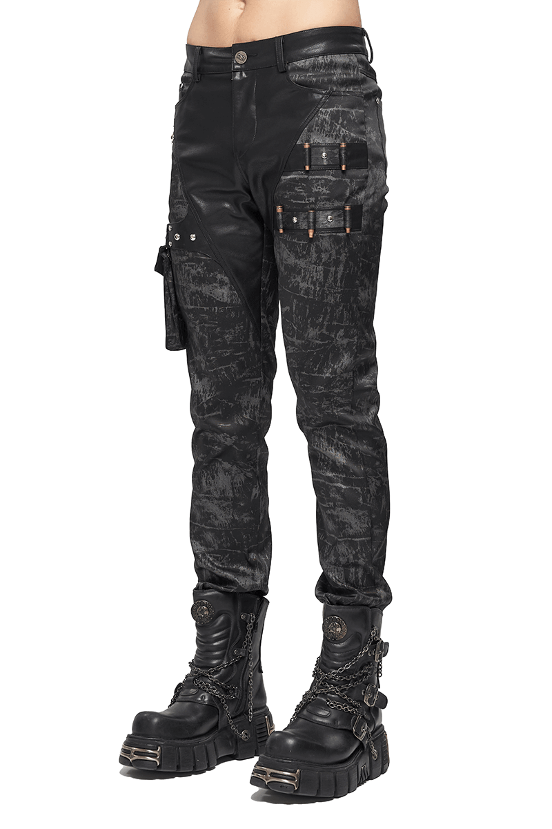 Men's gothic punk style black trousers with detachable pocket, featuring stylish cut and edgy design.