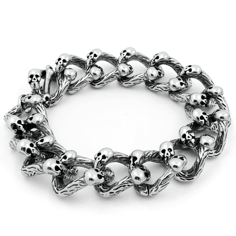 Gothic punk double-row skull bracelet for men and women, featuring bold silver skull inserts.