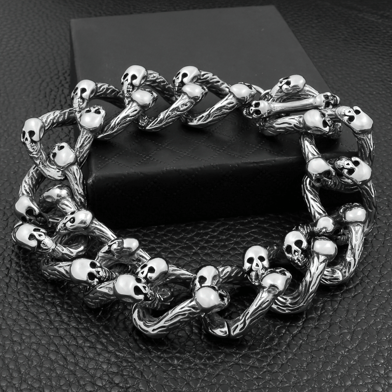 Gothic punk unisex skull bracelet with double-row design, perfect accessory for punk style outfits.