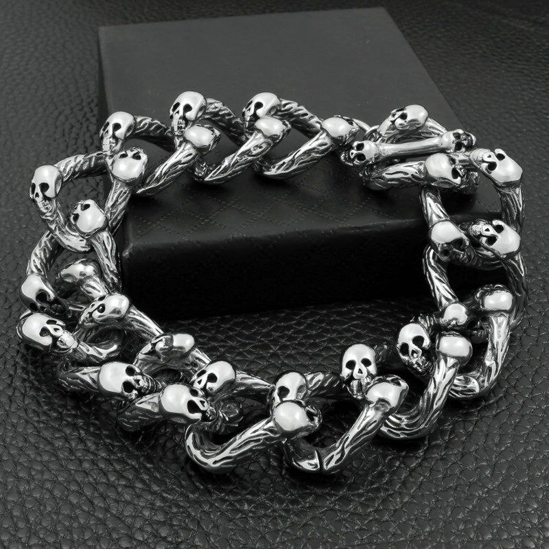 Gothic punk style skull double-row bracelet for men and women, perfect accessory for edgy outfits.