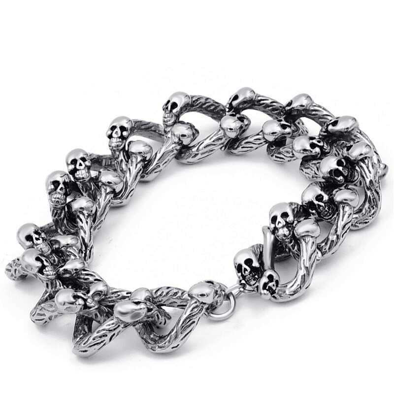 Gothic punk style skull double-row bracelet for men and women, adding edgy flair to any outfit.