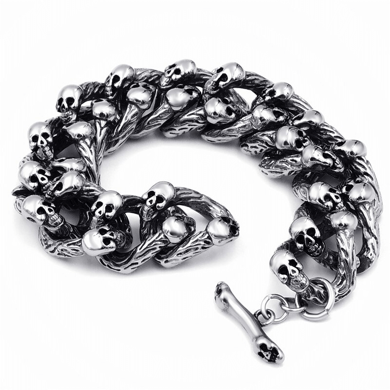 Gothic punk style double-row skull bracelet for men and women, perfect accessory for edgy outfits.