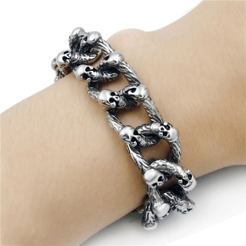 Unisex Gothic punk skull bracelet, double-row design with skull inserts for a bold fashion statement.