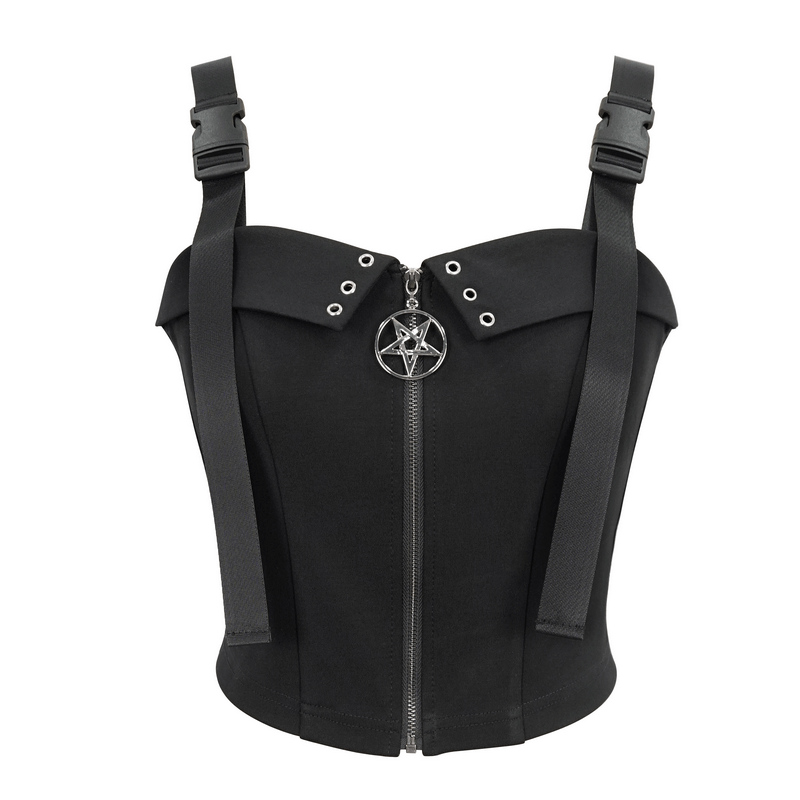 Black Gothic punk crop top with circled pentagram zipper and adjustable buckle straps for women.