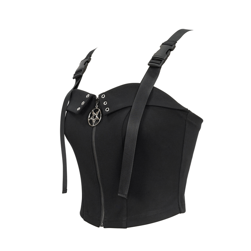 Gothic punk black crop top with pentagram zipper and adjustable buckle straps for women.